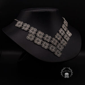 Filigree Square Gunmetal Bib Shield Statement Necklace